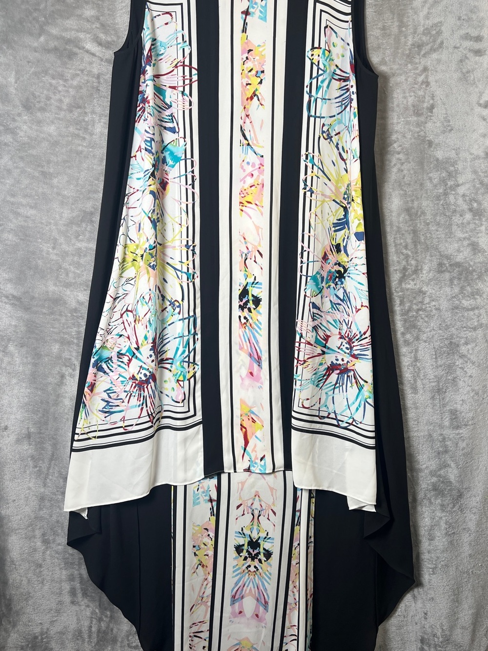 BCBGMaxAzria Black & White High-Low Dress with Multicolor Floral Panels - Picture 2 of 10